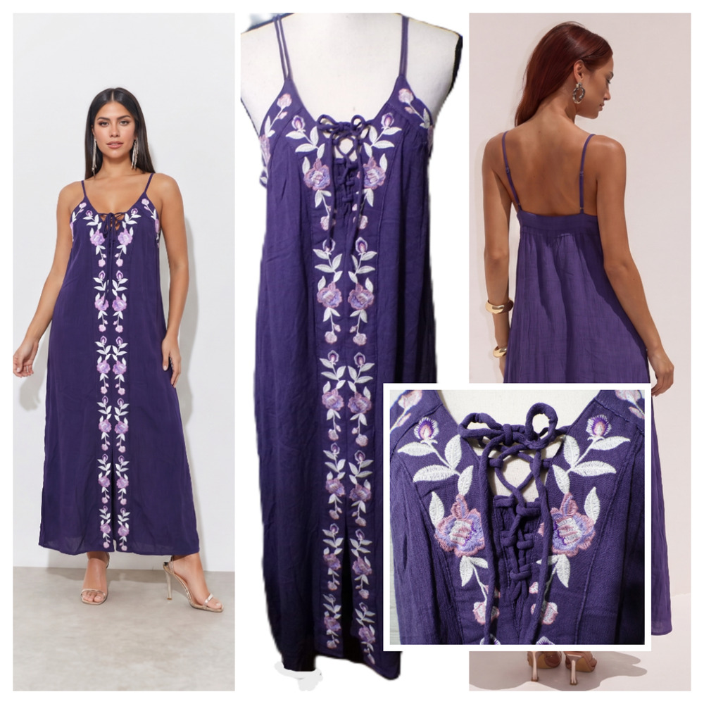 Y2k Miami Maxi Dress L Purple pink Embroidered Floral Corset Fairy Whimsigoth‎